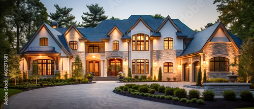 Opulent modern mansion at twilight with elegant stone facade, manicured gardens, glowing windows, and inviting entrance. Perfect luxury real estate showcase.