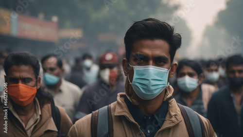 People wearing mask due to air pollution in Delhi, India. photo