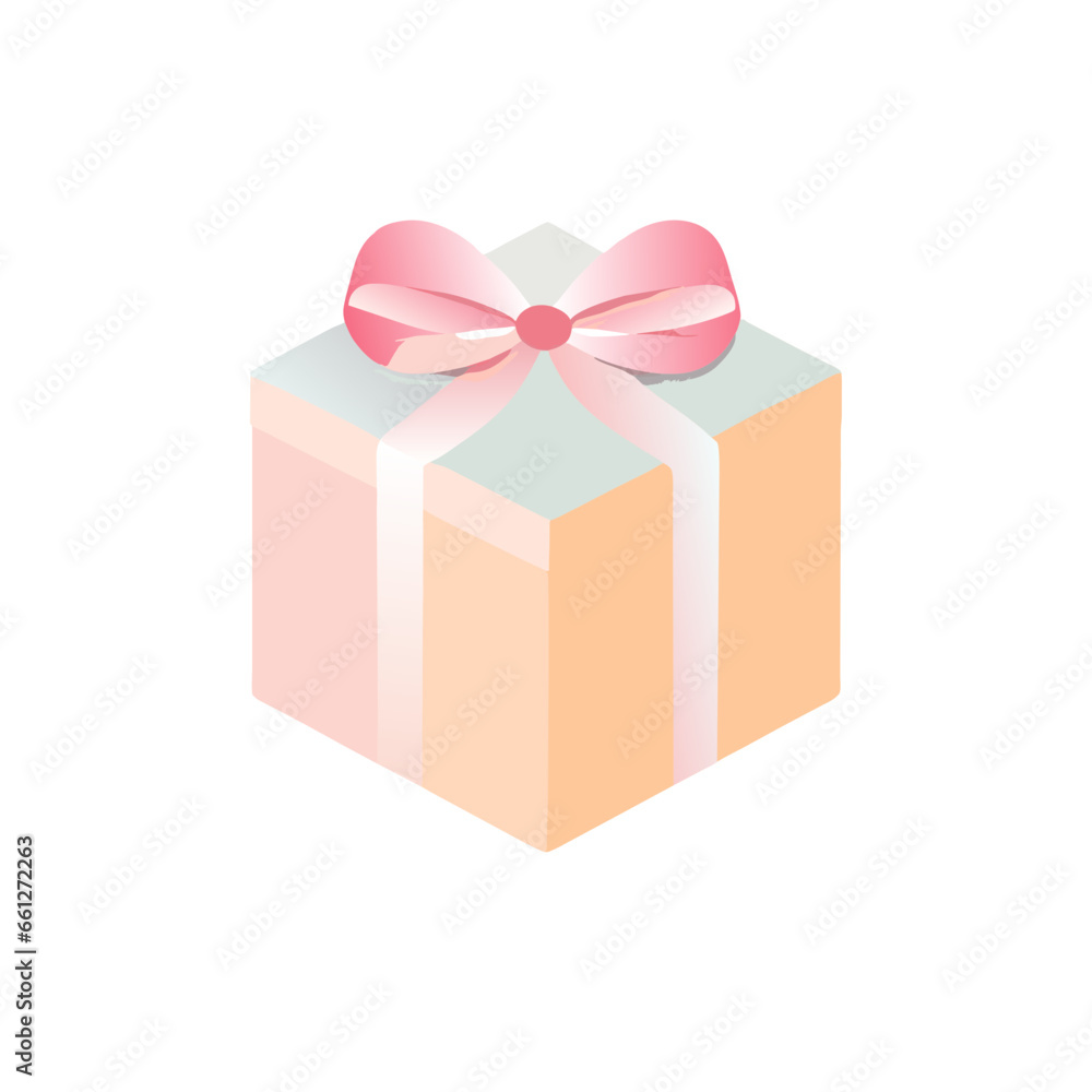 Obraz premium Gift box with bow and Pastel Soft Gold ribbon. Surprise box. Prize Reward Package Special Holiday Christmas Birthday Present Graphic Element Cartoon Modern flat Colorful vector illustration Draw
