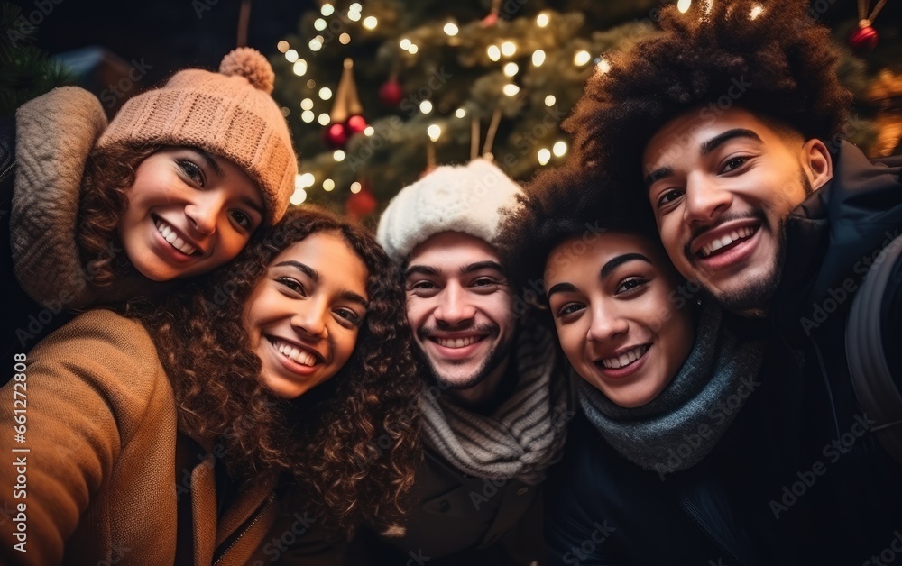 Happy multicultural guys and girls taking selfie on warm fashion clothes at a Christmas tree Happy multicultural guys and girls taking selfie on warm fashion clothes at a Christmas tree