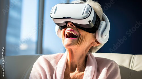 Elderly lady immersed in a virtual reality experience, amazed by the technology, Wearing VR goggles.