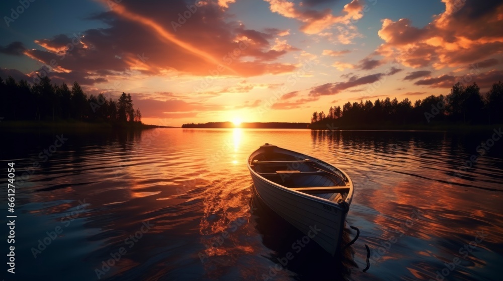 wooden boat at sunset on a lake