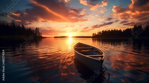 wooden boat at sunset on a lake © Marco