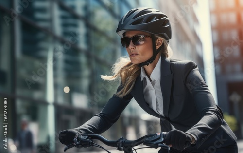 Businesswoman in suit and helmet riding bicycle in city © piai