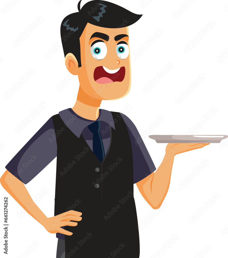 Rude Waiter Screaming Holding an Empty Tray Vector Cartoon Illustration. Impolite hospitality worker feeling frustrated and angry
Rude Waiter Screaming Holding an Empty Tray Vector Cartoon Illustration. Impolite hospitality worker feeling frustrated and angry