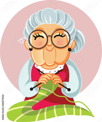 Granny Knitting a Scarf Vector Handmade Concept Illustration. Grandmother 
Senior old grandmother crocheting a textile piece 
