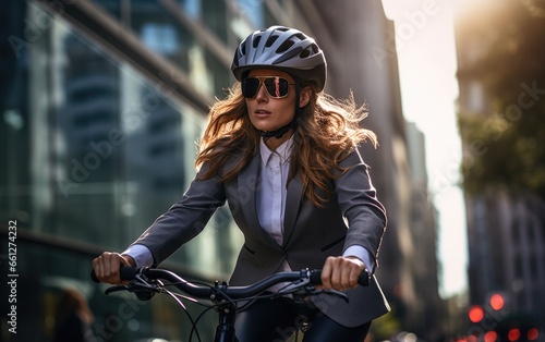 Businesswoman in suit and helmet riding bicycle in city