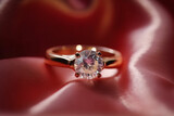 The diamond engagement ring is placed on a pink gold cloth.