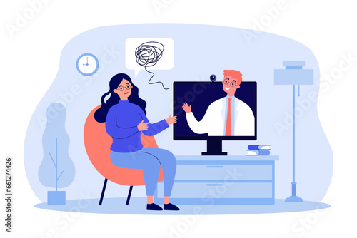 Confused woman at online therapy session vector illustration. Drawing of sad girl consulting psychologist via computer or video call. Mental health, psychology, communication, technology concept