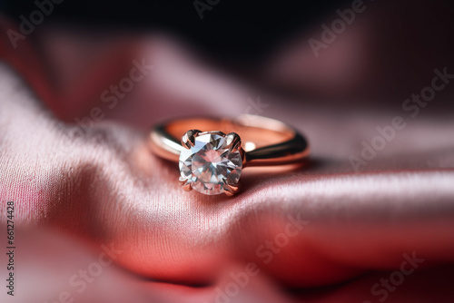 The wedding diamond ring is placed on a pink gold cloth.