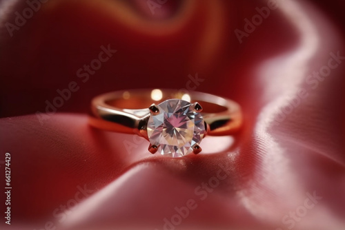 The diamond engagement ring is placed on a pink gold cloth.