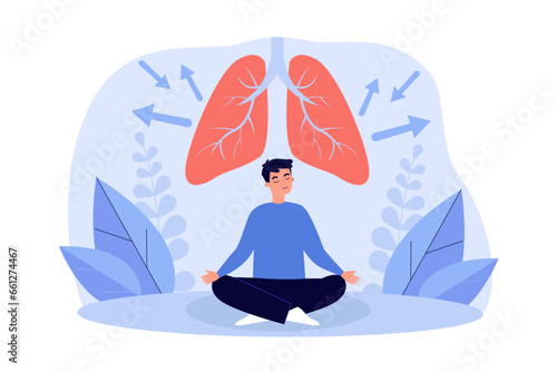 Man doing breathing exercises in lotus pose vector illustration. Cartoon drawing of male character meditating, lungs expanding and contracting. Anatomy, health, meditation, wellness concept
