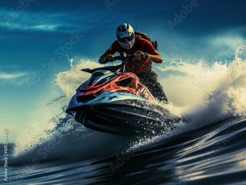 Young Man on water scooter in tropical ocean with big waves © PaulShlykov