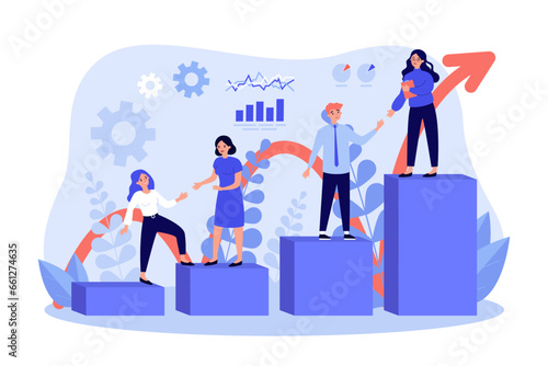 People helping colleagues with career growth vector illustration. Cartoon drawing of employees on different stages to success. Business training, education, teamwork, assistance concept