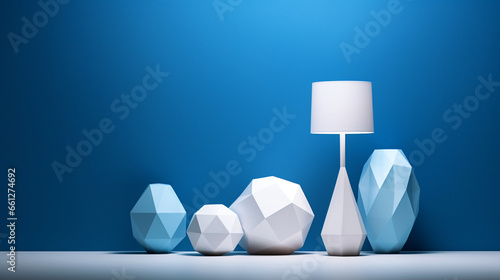 White lamps and objects of different shapes. The pattern on the surface is low poly, arranged in a straight line. In a room with blue wall. photo