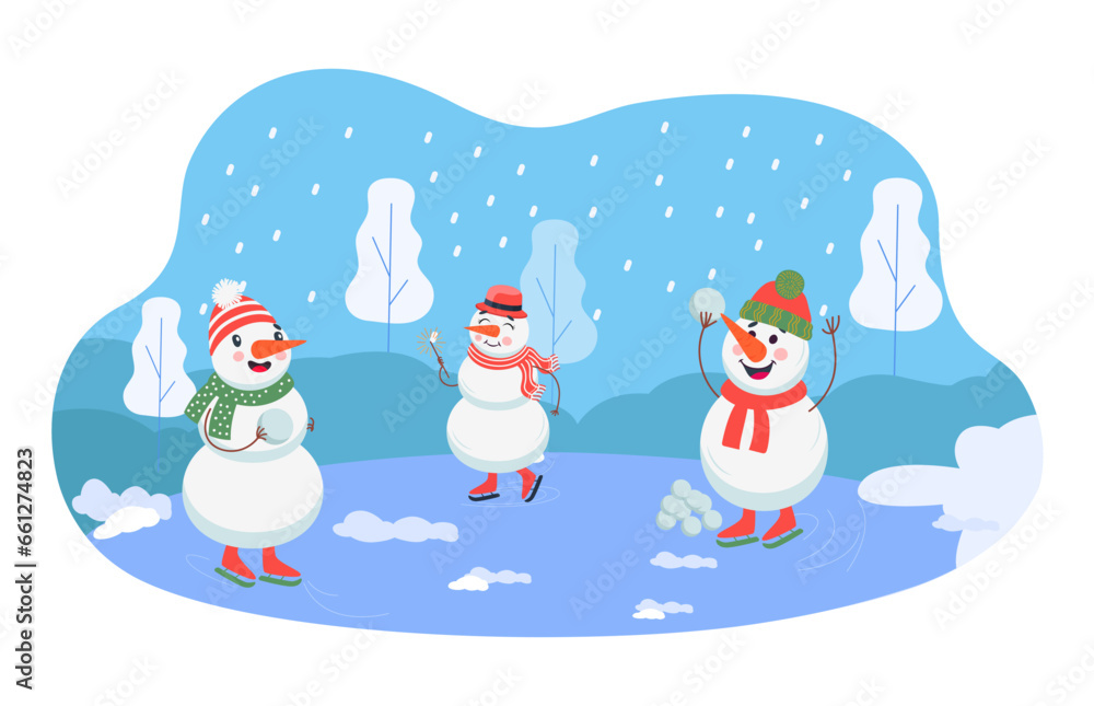 Fototapeta premium Happy snowmen playing outdoors vector illustration. Cartoon snow characters in warm clothes ice skating, playing with snowballs, enjoying holidays. Winter activities, Christmas concept