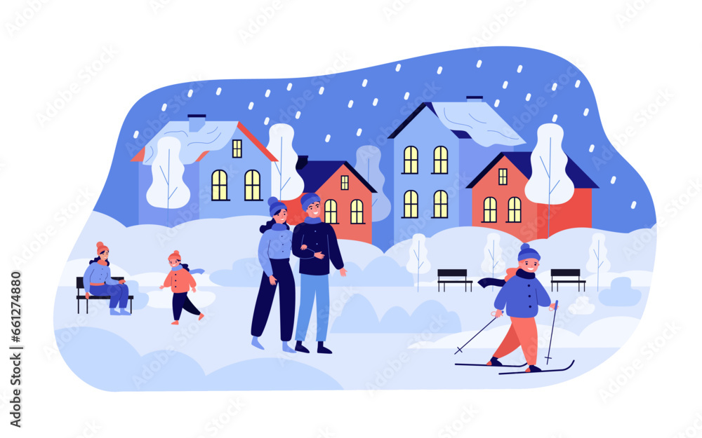 Snowy evening cityscape with happy people vector illustration. Couple walking with kids, girl skiing in park, houses covered in snow in background. Winter activities, Christmas concept