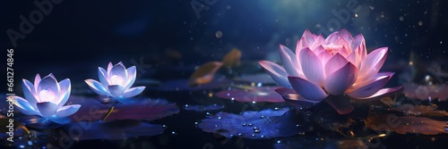 Moonlit night of magical blooming fluorescent lotuses on the lake. AI Generation 