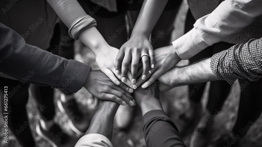 Hands gathered together for fighting, one team, cooperation, unity, faith, teamwork.