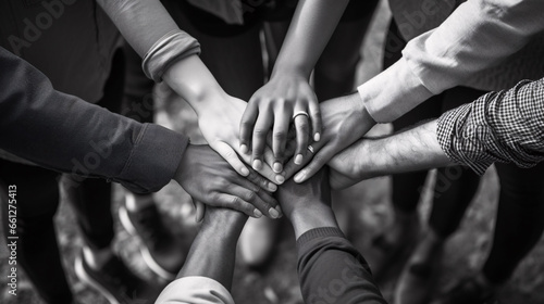 Hands gathered together for fighting, one team, cooperation, unity, faith, teamwork.
