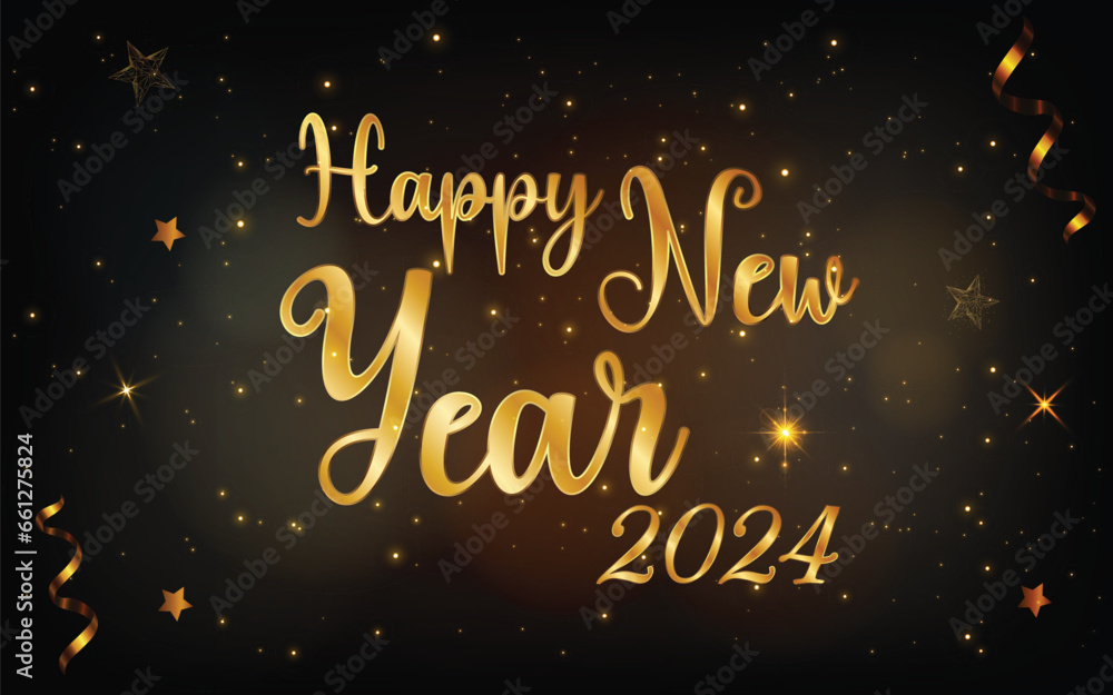Happy new year 2024 with golden texture numbers with black background. Beautiful poster and card holiday.