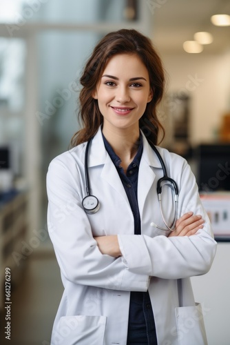 Attractive smiling female doctor with crossed arms in hospital lobby