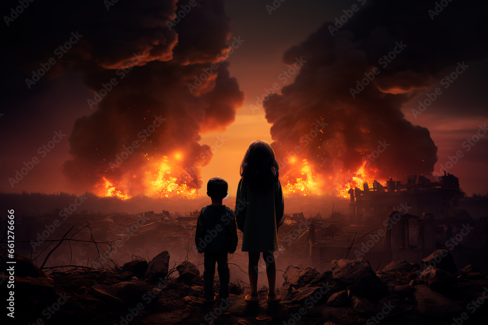 Two children with their backs to the camera against the backdrop of war