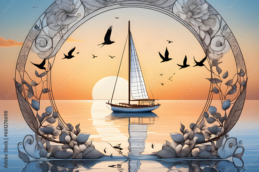 A hand drawn sailboat circled by birds on the sea at sunrise.