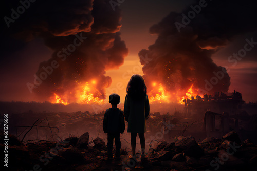 Two children with their backs to the camera against the backdrop of war