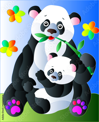 An illustration in the style of a stained glass window with a panda with a bear cub on a background of leaves, flowers and a blue sky