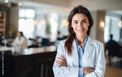 Attractive smiling female doctor with crossed arms in hospital lobby photo