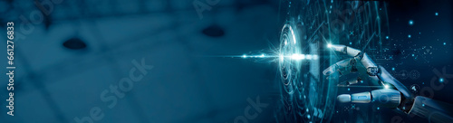 Canvastavla AI, Machine learning, Hand of robot touching on big data network connection background, Science and artificial intelligence technology, innovation of futuristic