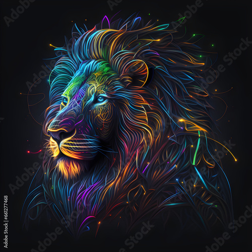 An abstract neon design of a glowing  abstract lion