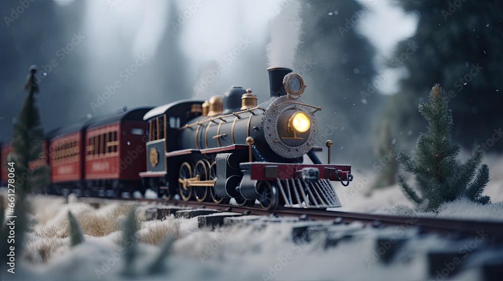 Obraz premium Steam train in winter forest, christmas concept.