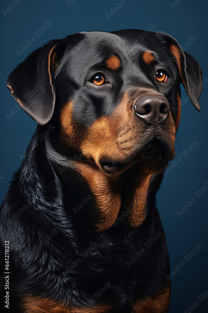 Obraz premium Rottweiler Dog Portrait on Dark Blue Background for Magazine - Created with Generative AI Tools