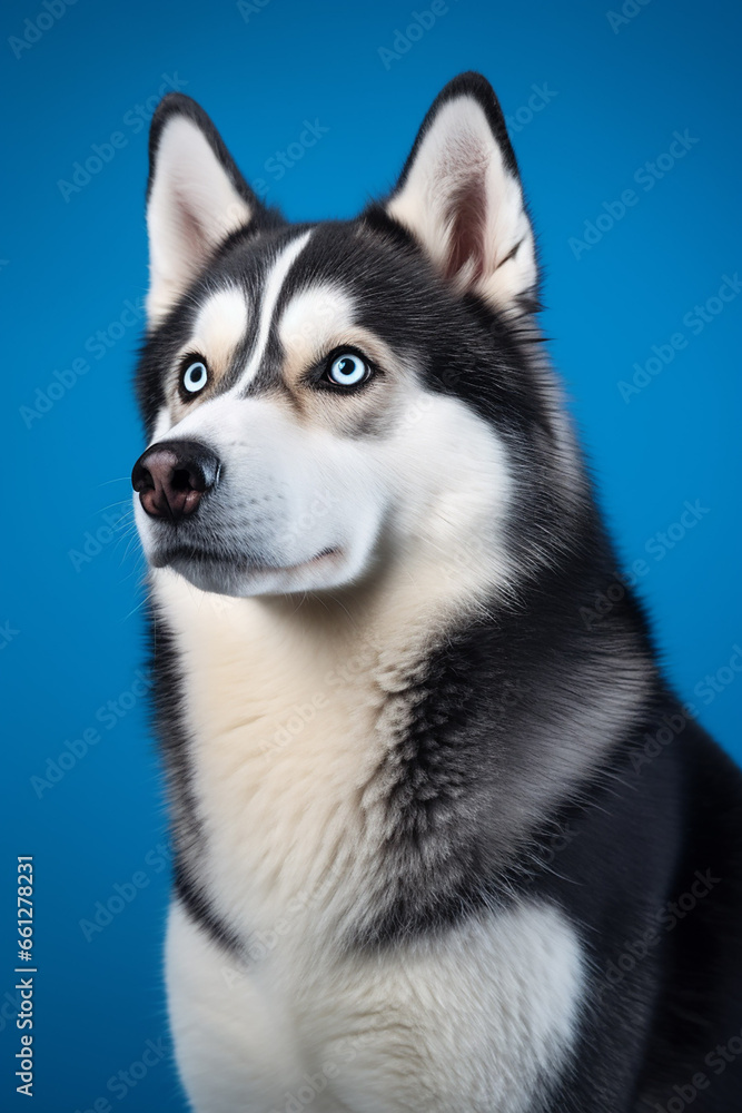 Siberian Husky Dog Portrait on Dark Blue Background for Magazine - Created with Generative AI Tools