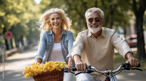 Happy cheerful mature couple enjoying bike ride on street at park. © visoot
