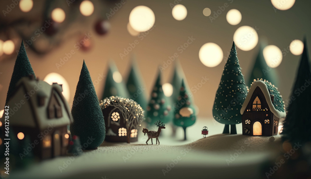 Whimsical Christmas background with toys and gingerbread houses.  - obrazy, fototapety, plakaty 