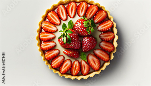 Delicious strawberry tart with cream and pie crust.