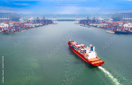  high angle view of the shipping system transport containers by cargo ships, international transport, export-import business, logistics