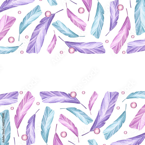 Purple  pink  green feathers. Elegant background. Watercolor illustration of flying feathers. For design of card  banner  textile