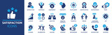 Satisfaction icon set. Containing happiness, fulfillment, satisfied, joy, recommend, thankful, gratification and positive feedback. Vector solid symbol collection. 