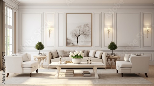 Contemporary classic white beige interior with furniture and decor. Dining room with living room.