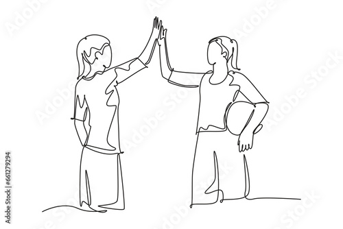 Continuous one line drawing two of young happy women giving high five gesture before playing basket ball at outfield court. Sport game competition. Single line draw design vector graphic illustration