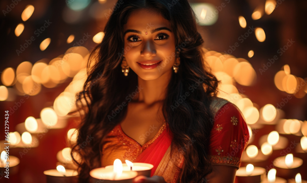 Beautiful young indian woman celebrating Diwali or Dipawali festival in India with Diya Beautiful young indian woman celebrating Diwali or Dipawali festival in India with Diya