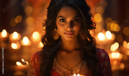 Beautiful indian woman holding a candle celebrating Diwali or Dipawali festival in India
