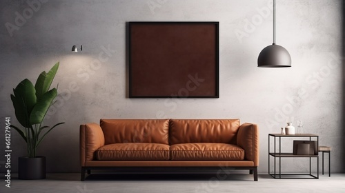 Frame gallery mockup in living room interior with leather sofa, minimalist industrial style,