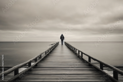 monochrome wooden pier with man walking on stairs to unknown place