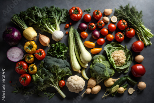 various items vegetables are arranged on a flat surface