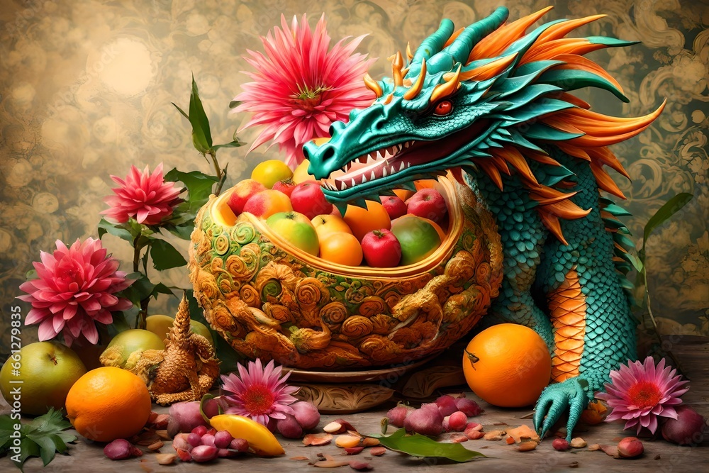 chinise dragon with the fruits  